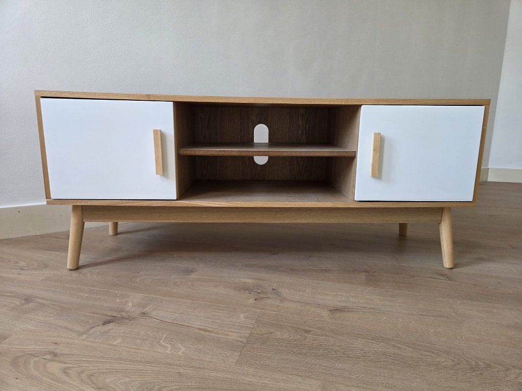 TV Meubel - Hout en wit - ZGAN, Ophalen, 100 tot 150 cm, 50 tot 100 cm, Zo goed als nieuw