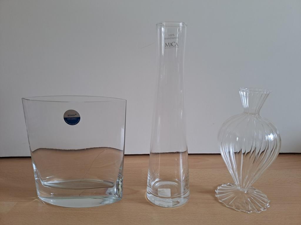 Set van 3 glazen vazen - o.a. Krosno en Mica, Antiek en Kunst, Ophalen of Verzenden
