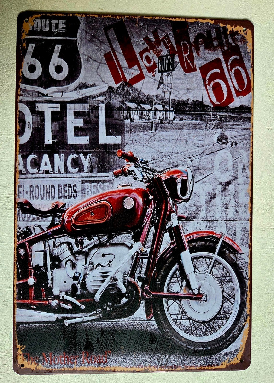 Route 66 Motor Wanddecoratie - Vintage Metaal Bord, Metaal, Nieuw, Ophalen of Verzenden, Wandbord of Wandpaneel
