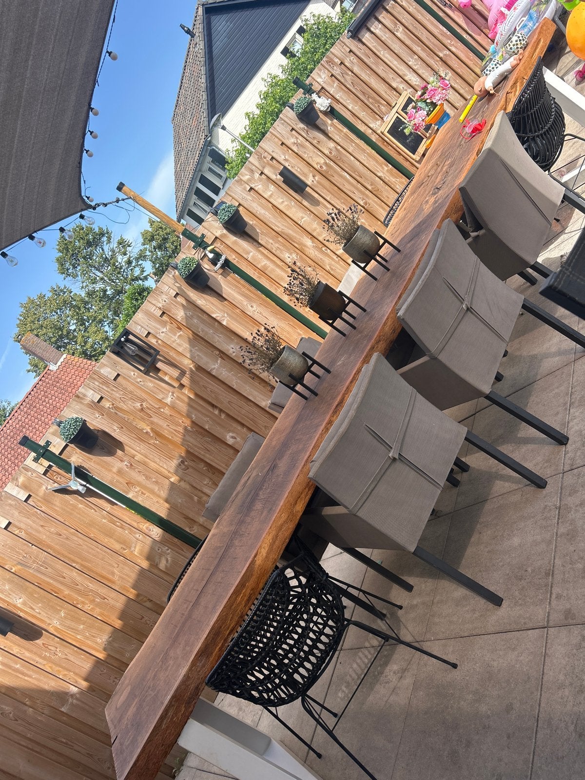 Robuuste eikenhouten tafel 3,80m voor binnen of buiten, Ophalen, Gebruikt, Rechthoekig, Hout