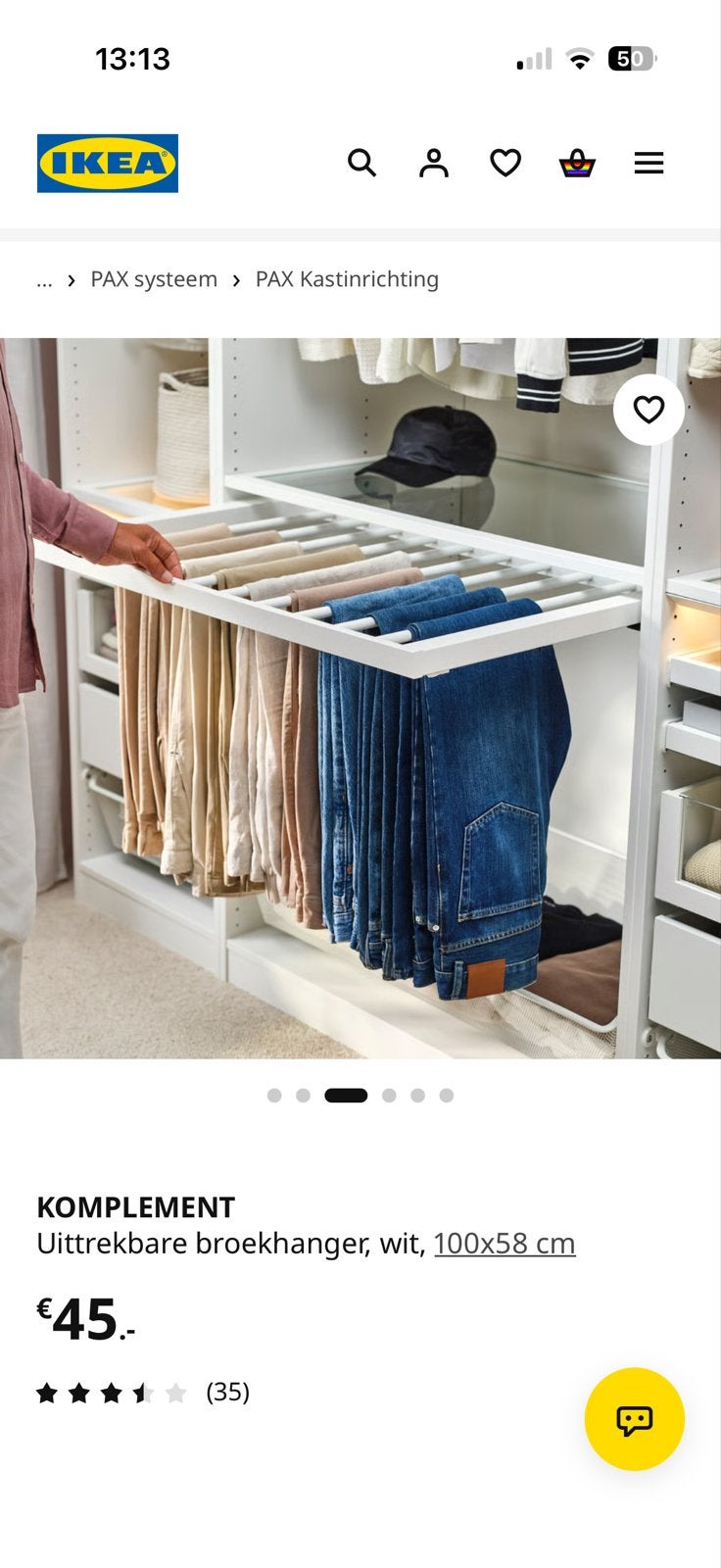 IKEA KOMPLEMENT Uittrekbare broekhanger wit 100x58 cm NIEUW, Huis en Inrichting, Ophalen, Met plank(en), Nieuw, 50 tot 100 cm