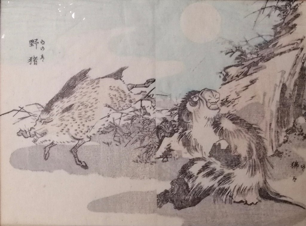 Japanse houtsnede Zwijntjes of varkens, Ophalen of Verzenden, Houtsnede, Flora en Fauna, Origineel