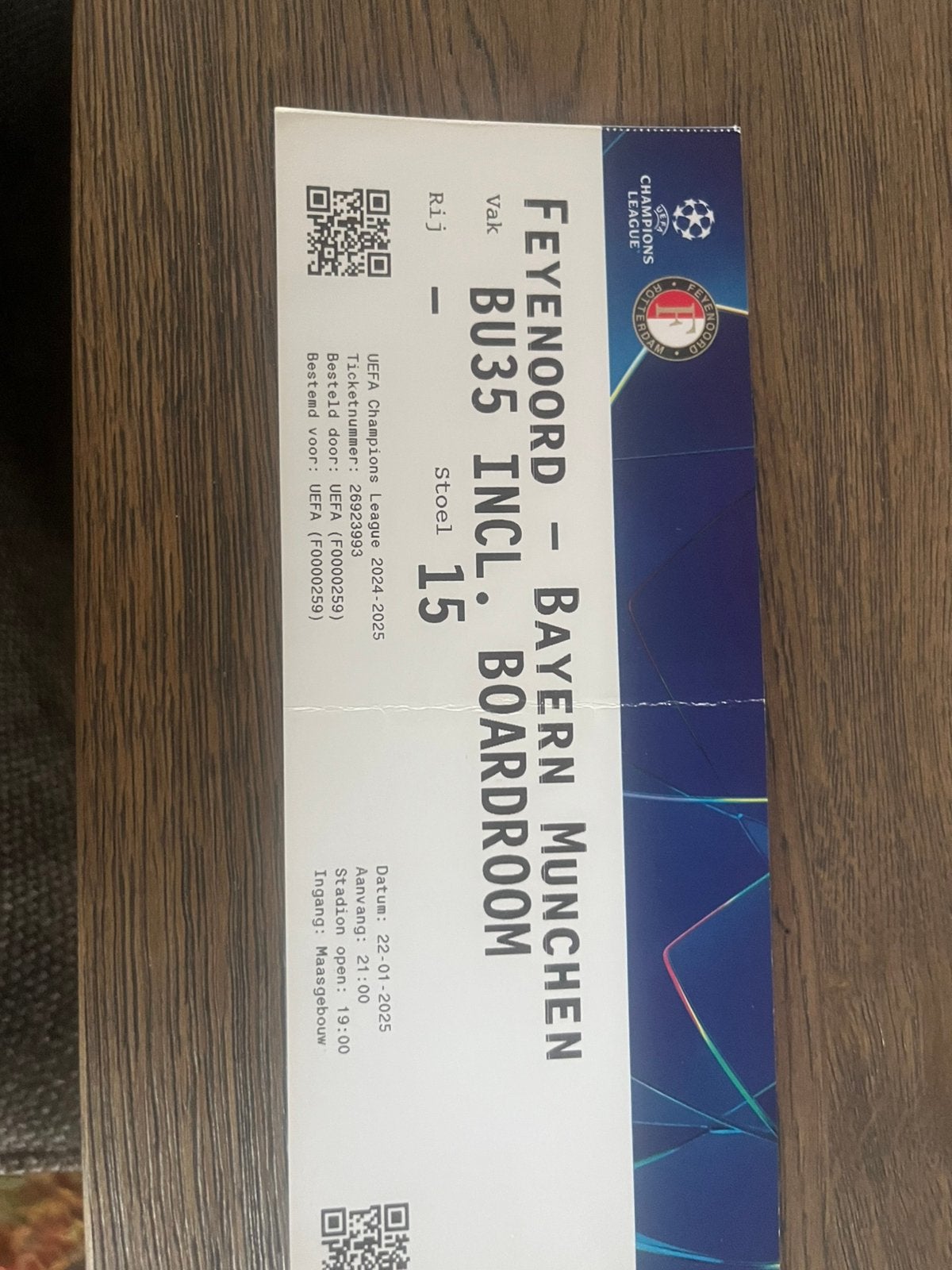 TICKET FEYENOORD-BAYERN MÜNCHEN CHAMPIONS LEAGUE, Ophalen of Verzenden, Zo goed als nieuw, Feyenoord, Overige typen