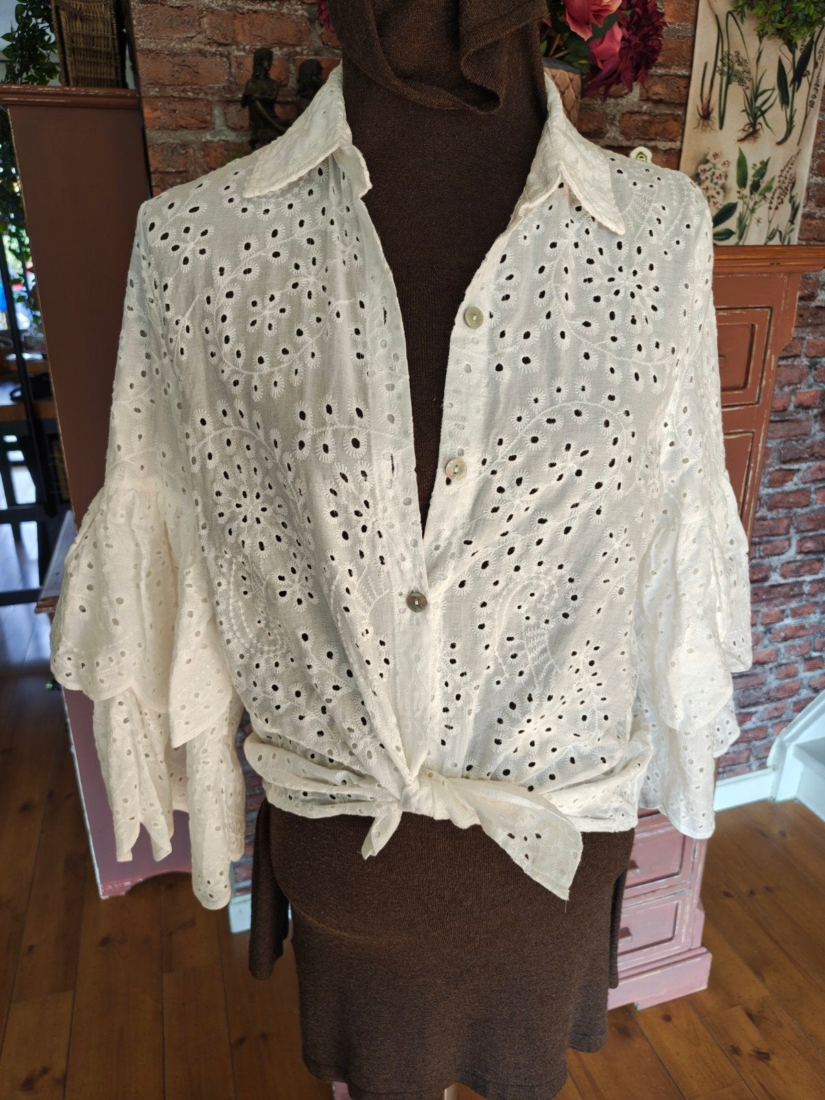 blouse wit broderie maat m Ibiza boho stijl mouwen, Ophalen of Verzenden, Zo goed als nieuw, Maat 38/40 (M), Wit