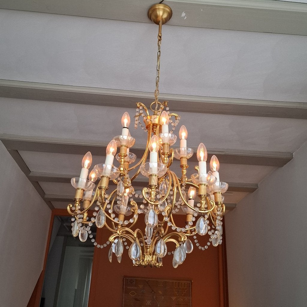 Gouden Kroonluchter met Kristallen - Klassiek Design, Huis en Inrichting, Ophalen, Gebruikt, Klassiek, Barok, Elegant, E14 (klein)