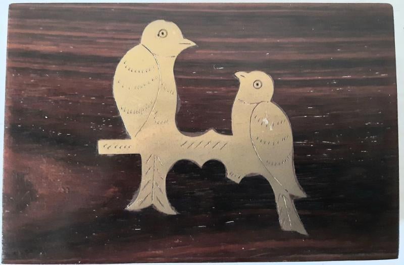 Mahonie kistje/lepel doosje met 2 ingelegen vogeltjes, Overige materialen, Minder dan 50 cm, Gebruikt, 200 cm of meer