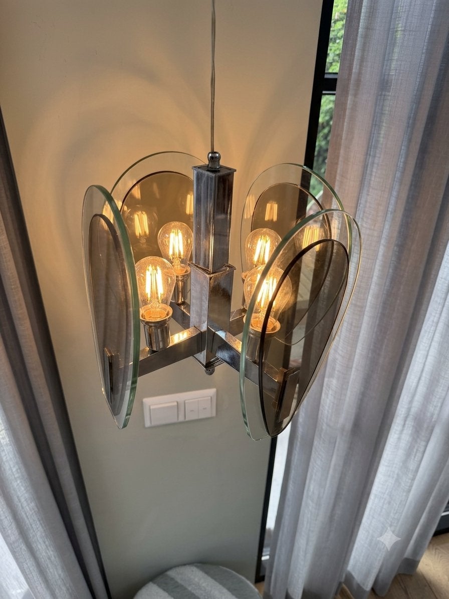 Vintage Chroom en Glas Hanglamp Veca Lampadorio smoked glass, Ophalen of Verzenden, Gebruikt, Glas, E14 (klein)
