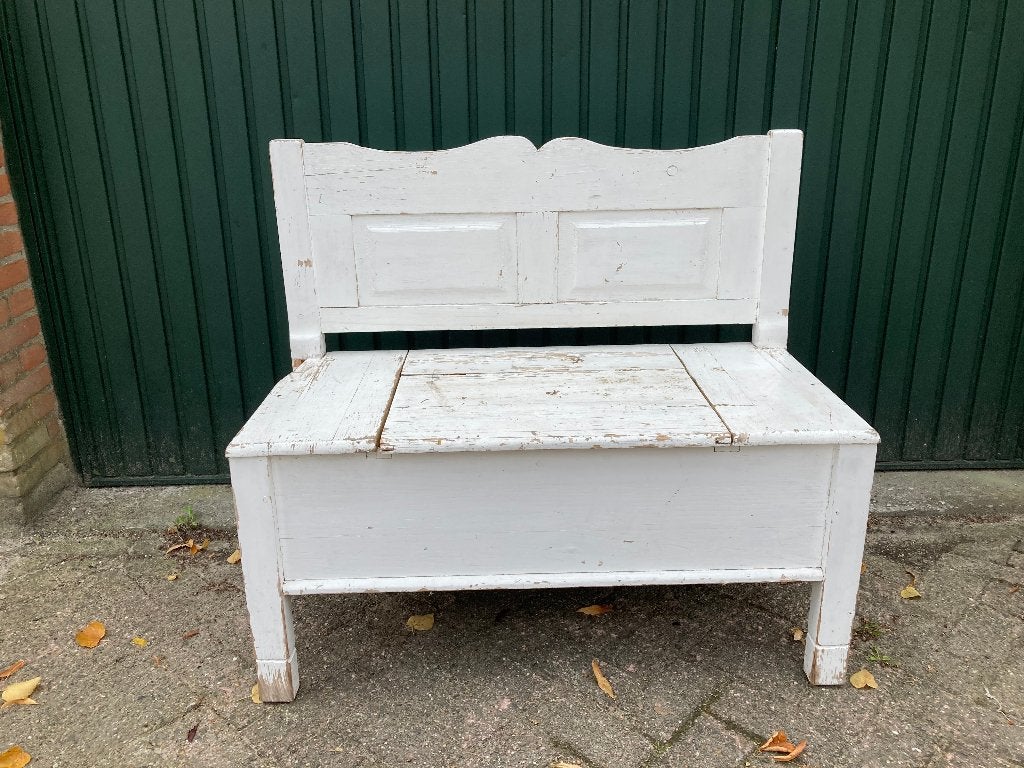 Brocante houten klepbank - opbergbank, Antiek en Kunst, Ophalen