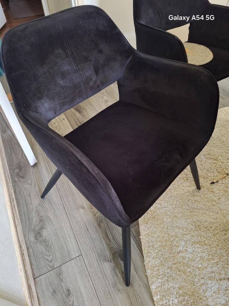 6 Vtwonen stoelen van hout, Huis en Inrichting, Stoelen, Gebruikt, Vijf, Zes of meer stoelen, Hout, Stof, Zwart, Ophalen of Verzenden
