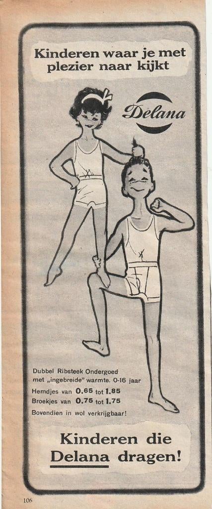 retro reclame 1959 Delana kinder ondergoed jongetje meisje, Verzenden, Overige typen