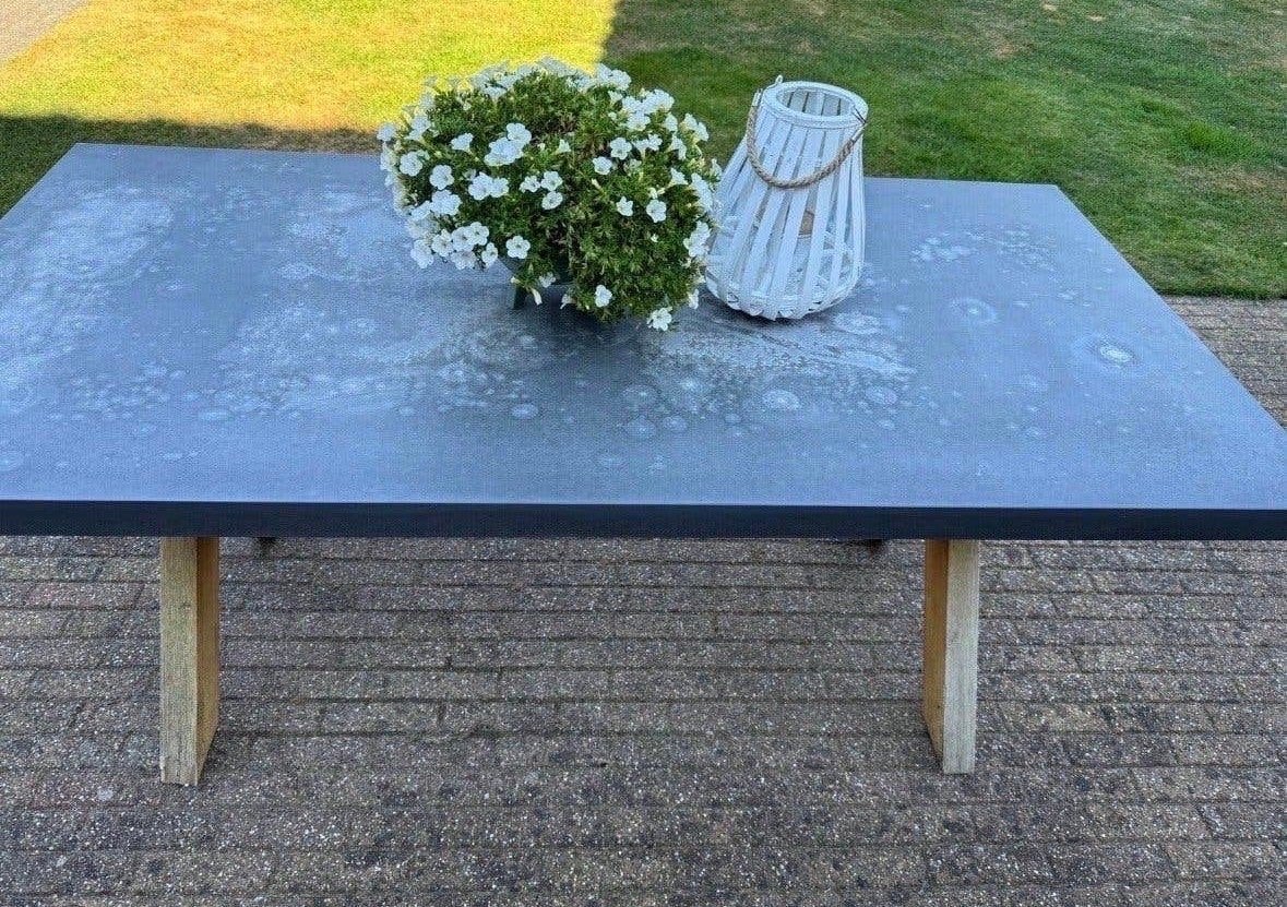Tuintafel betonlook blad met houten onderstel, Ophalen, Gebruikt, Rechthoekig, Overige materialen
