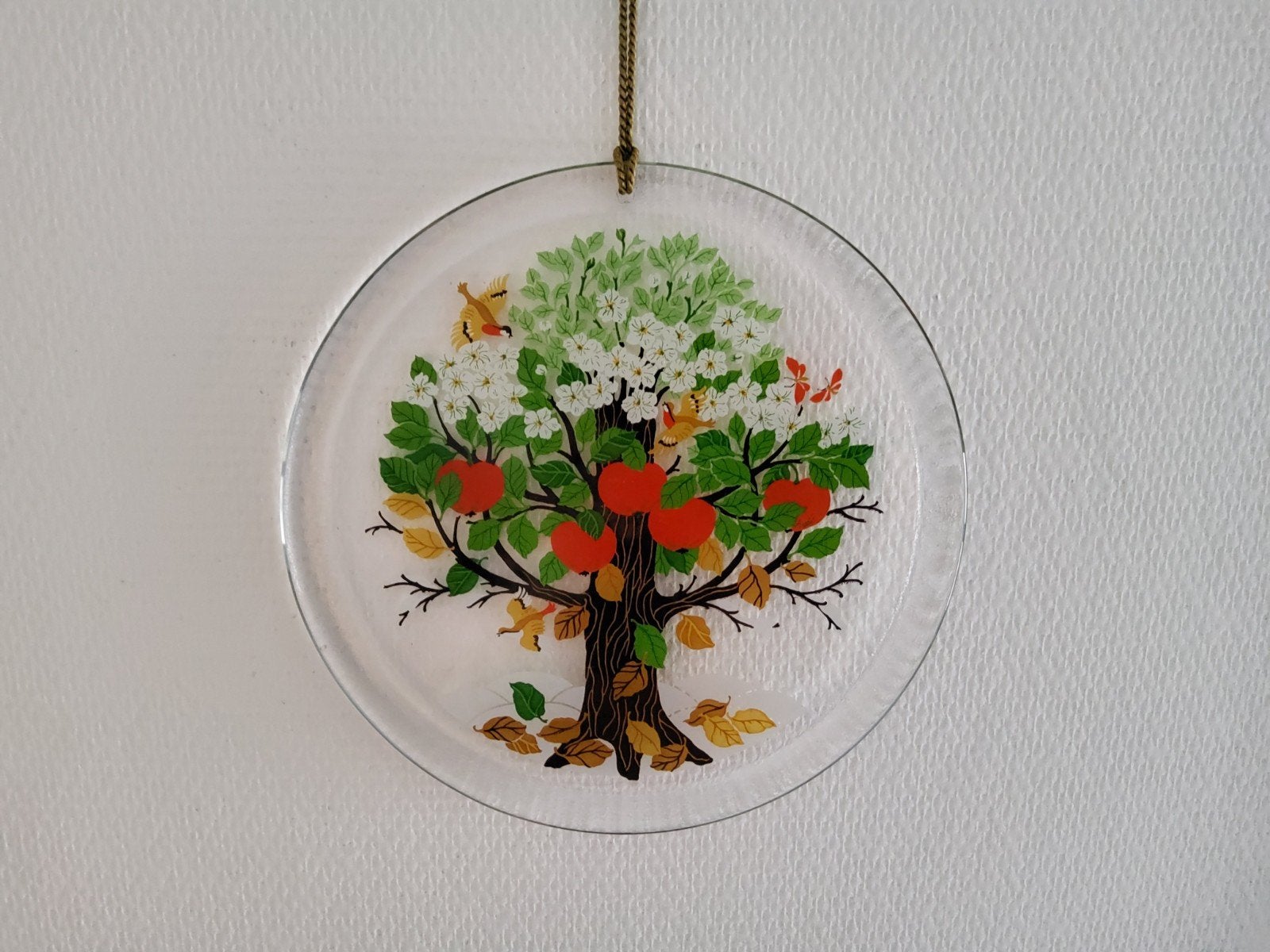 Vintage glazen raamhanger wanddecoratie 4 seizoenen boom, 25 cm, Wandhanger, Zo goed als nieuw, Glas