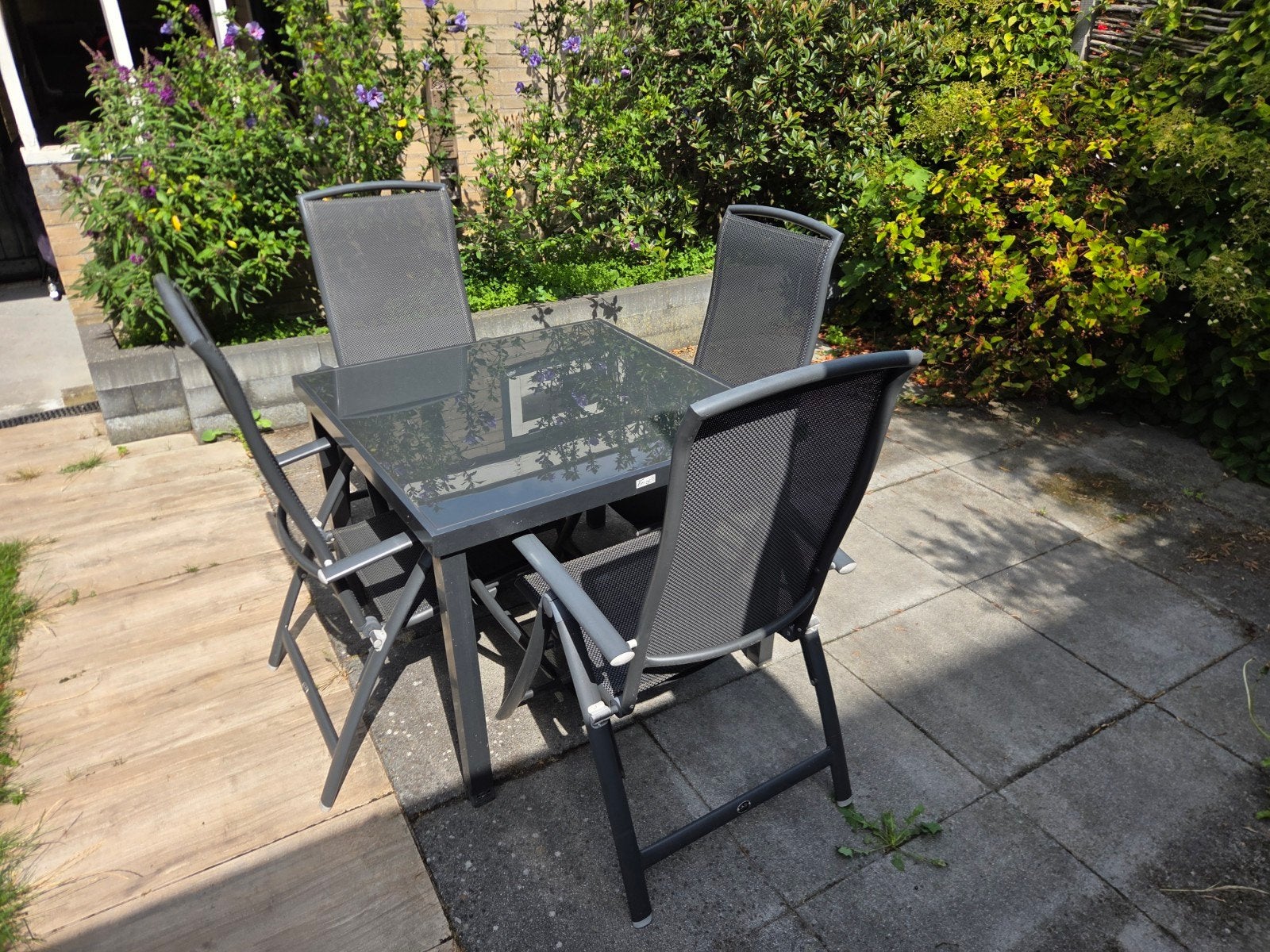 R&S Design Forza! Tuinset met 4 stoelen en glazen tafel, Ophalen, 4 zitplaatsen, Gebruikt, Tuinset