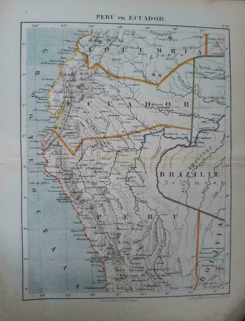 87 / Litho uit 1882 van J. Kuyper met Peru Ecuador  Bolivia, Antiek en Kunst, Ophalen of Verzenden