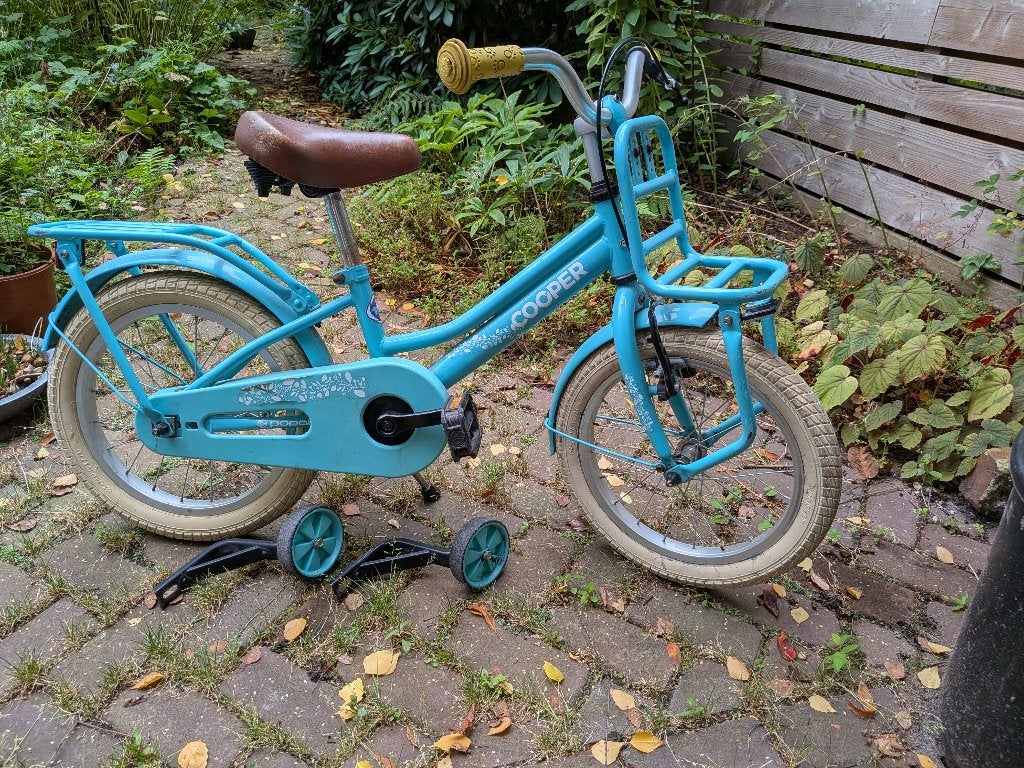 Cooper kinderfiets, Ophalen, Terugtraprem, Zijwieltjes, Popal Cooper