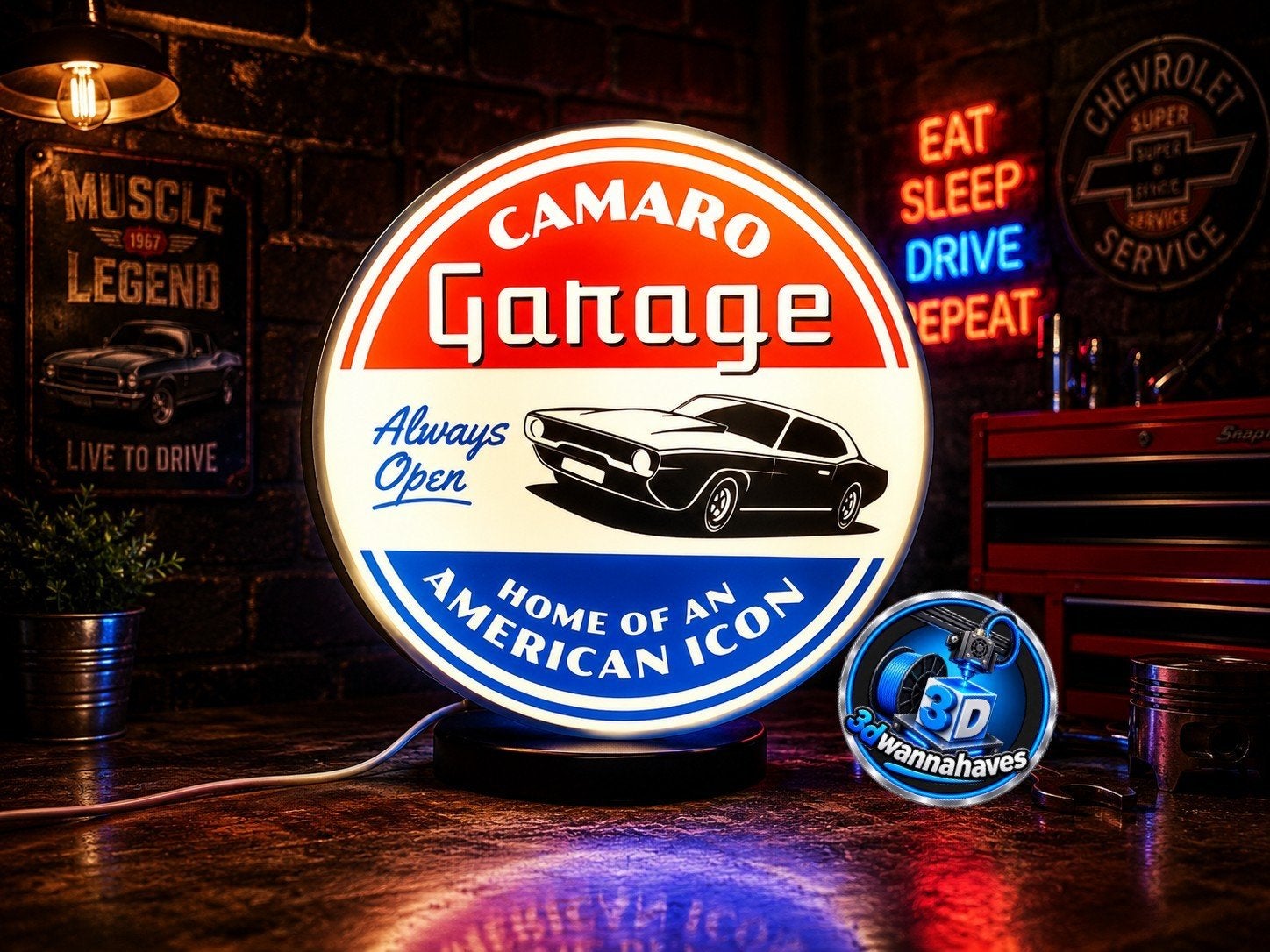 Camaro Garage Lichtbak - American Icon Decoratie, Ophalen of Verzenden, Nieuw, Lichtbak of (neon) lamp