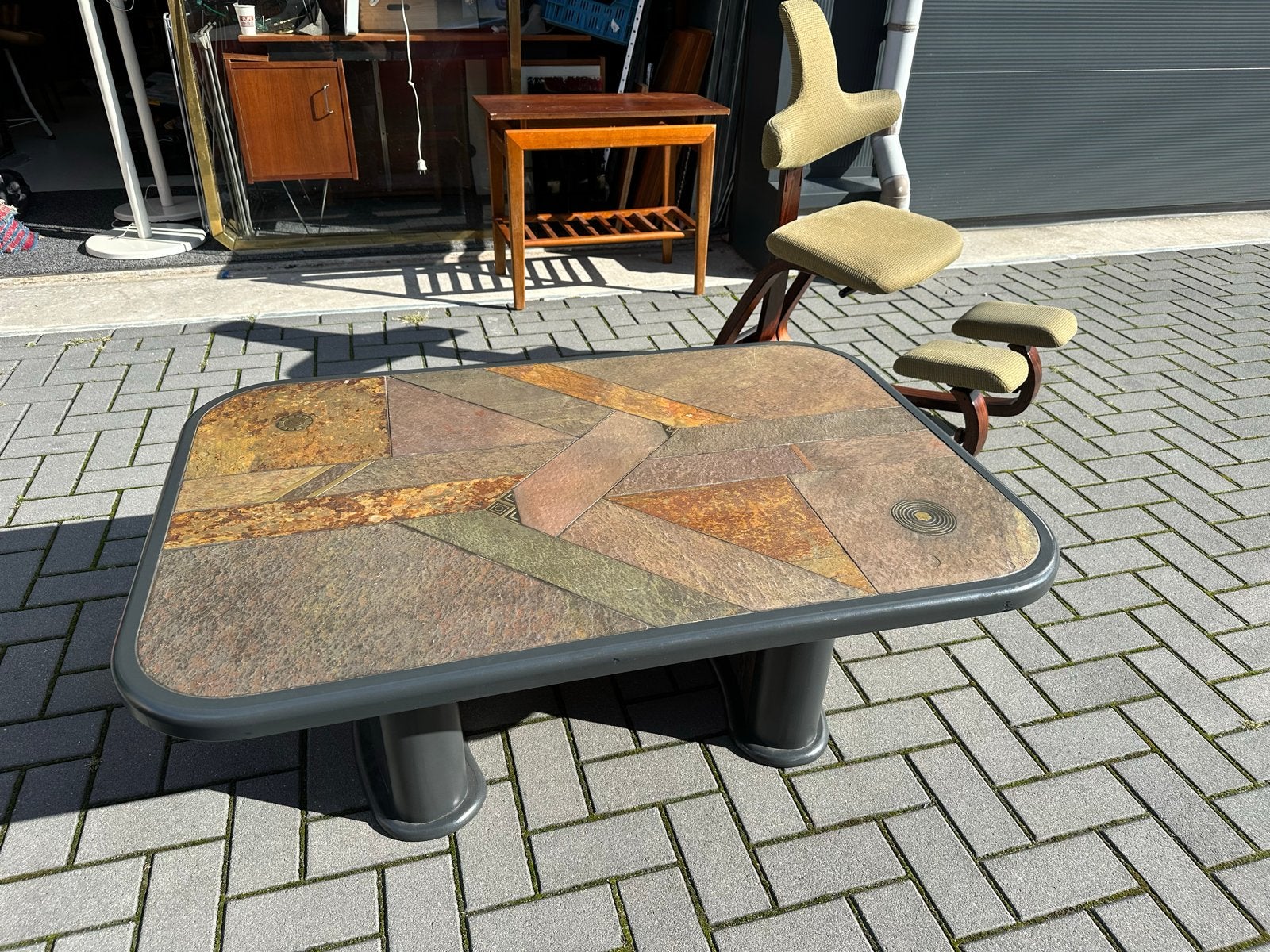 Salontafel met leistenen blad - Uniek design, Overige materialen, 100 tot 150 cm, Gijpsvintage, Info@gijpsvintage.nl