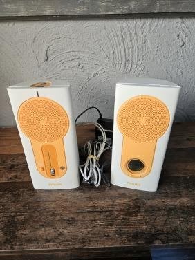 Vintage Philips 2.0 Luidsprekerset - Wit/Oranje, Computers en Software, Pc speakers, Ophalen of Verzenden, Zo goed als nieuw, Audiokanaal 2