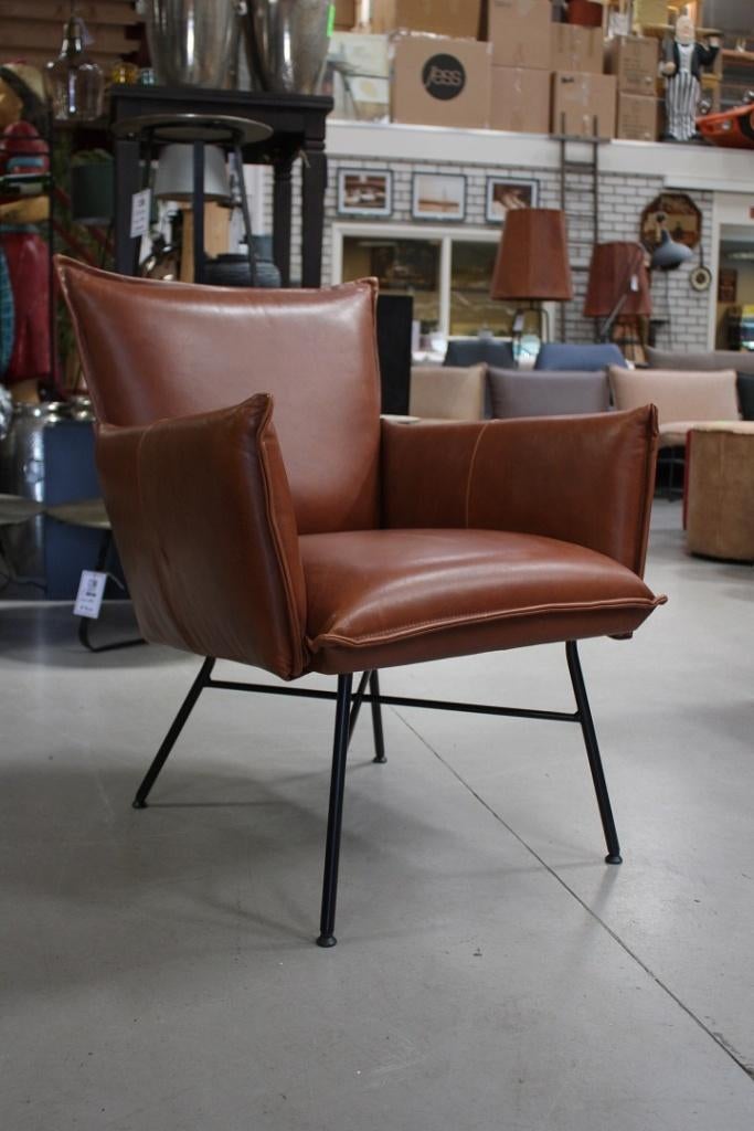 Luxe fauteuil Sanne Jess design metaal leer bruin cognac, Ophalen, 75 tot 100 cm, Zo goed als nieuw, Leer