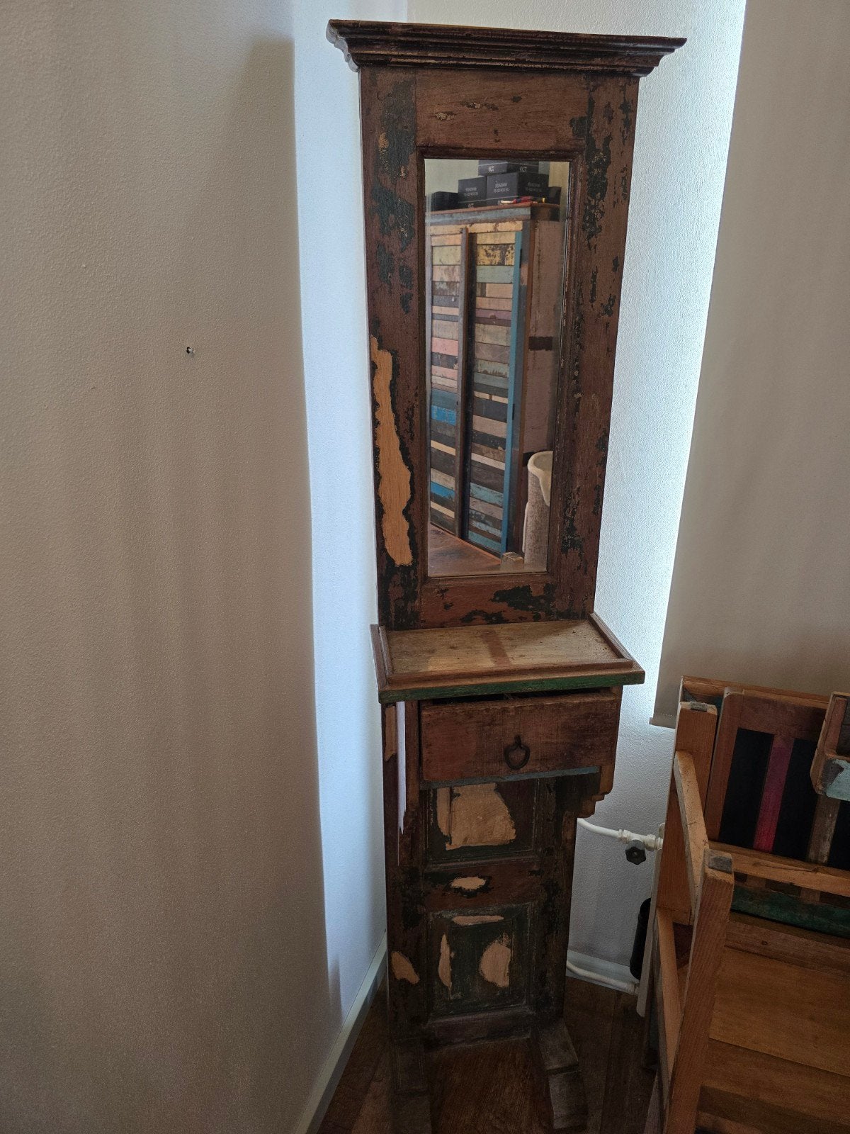 Unieke vintage halspiegel met lade - Rustieke charme, Antiek en Kunst, Ophalen