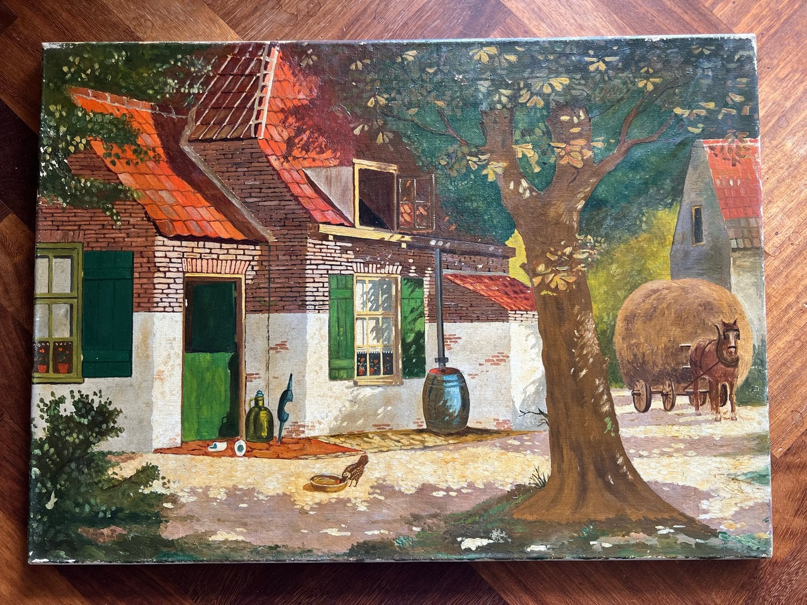 Oud schilderij van een boerenerf, Antiek en Kunst, Kunst | Schilderijen | Klassiek, Ophalen