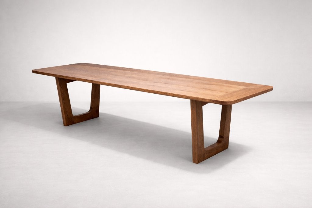 Lange, smalle eikenhouten tafel, gerecycled hout, Huis en Inrichting, Tafels | Eettafels, Modern, design, strak, warm, natuurlijk, duurzaam