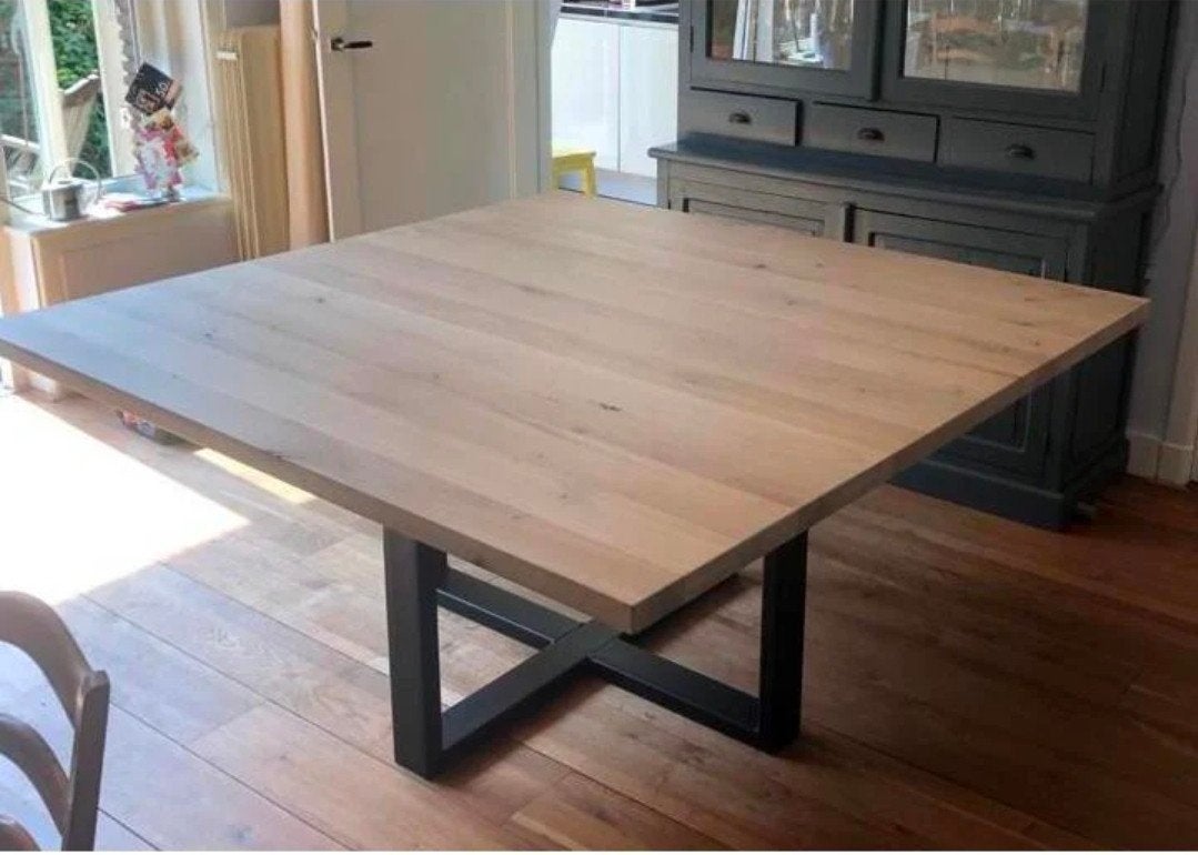 Massief Eiken Tafelblad met Stalen dubbele U-poot 210x210 cm, Ophalen, Vierkant, 200 cm of meer, Zo goed als nieuw