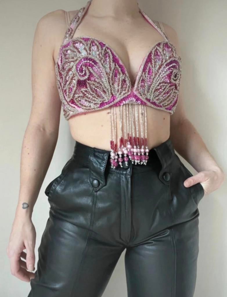 Vintage pailletten top, 1 size. Bellydance festival glitter, Kleding | Dames, Tops, Maat 38/40 (M), Verzenden, Vintage, Roze