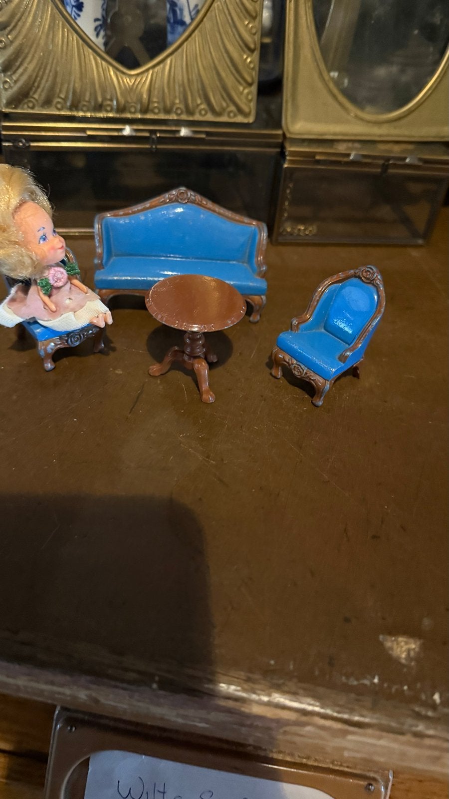 Vintage Mattel 1980 metalen poppenhuis woonkamer meubels, Ophalen of Verzenden, Gebruikt