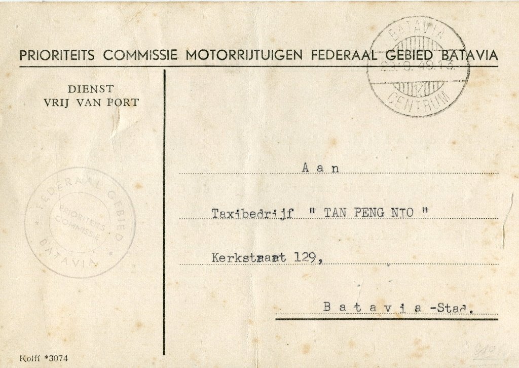 Nederlands-Indië 1949 – Dienstbrief taxi Batavia, Ophalen of Verzenden, Envelop