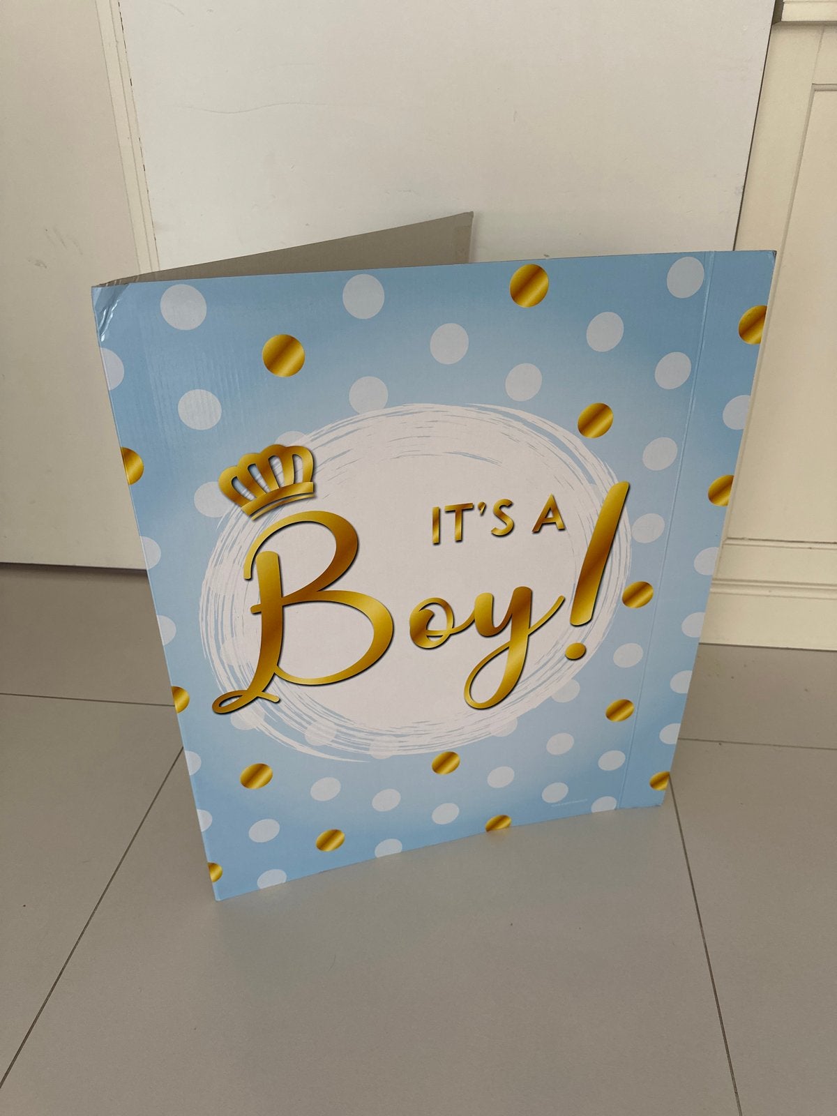 Geboortebord 'It's a Boy!' - Blauw met gouden stippen, Ophalen, Zo goed als nieuw, Geboortebord