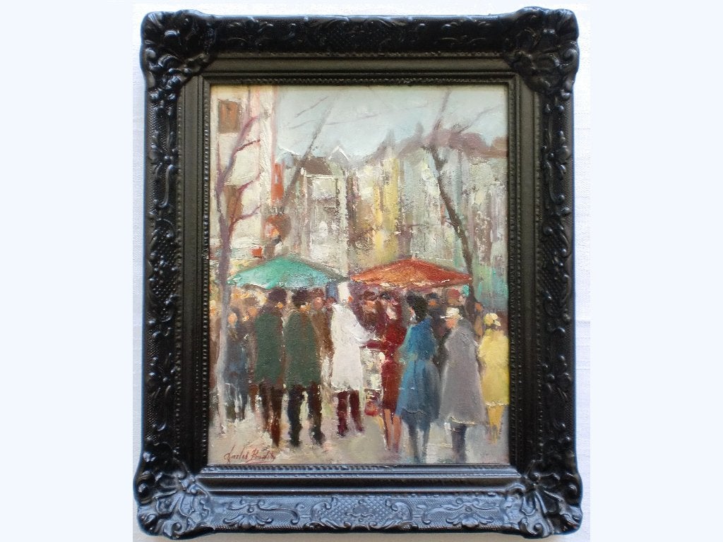Impressionistisch Stadsgezicht, ca 1930 - olieverf op paneel, Hout, Ingelijst, Ophalen of Verzenden, Olieverf