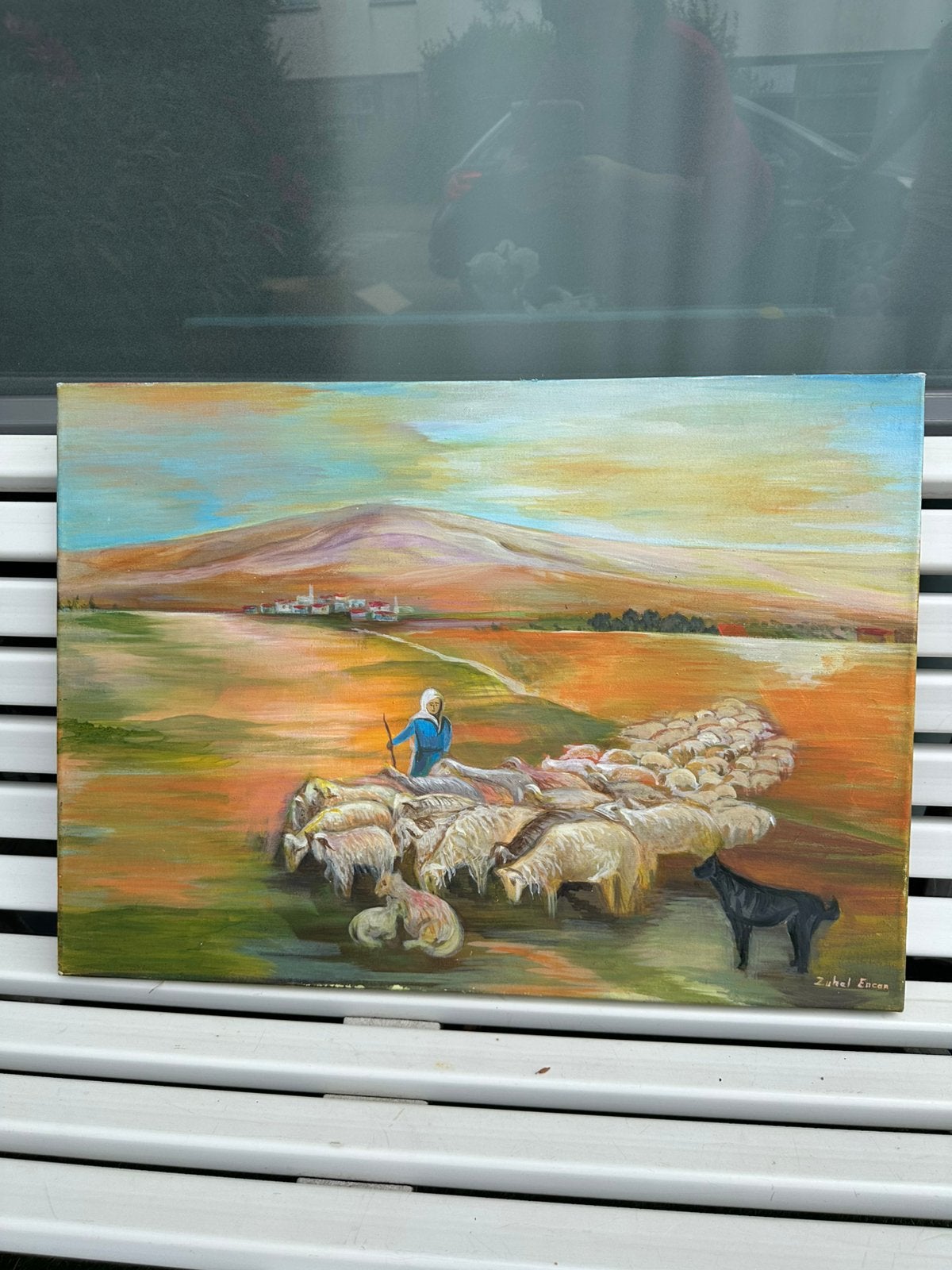 Schilderij handgeschilderd dorp schaapskudde, Ophalen of Verzenden