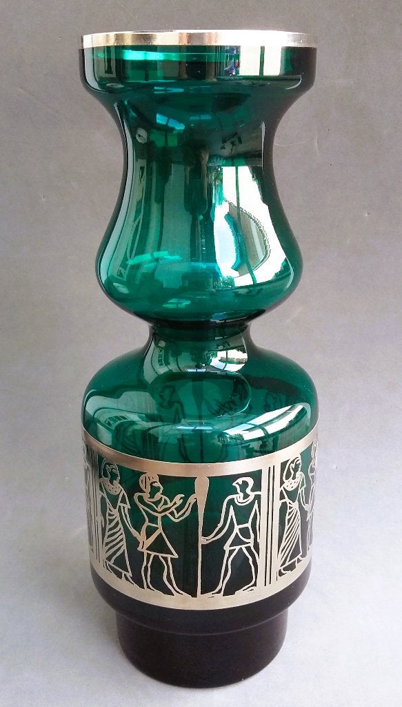 Omstreeks 1960-1970 Groen Glas Siervaas Vaas Egyptisch Decor, Antiek en Kunst, Antiek | Glas en Kristal, Ophalen of Verzenden