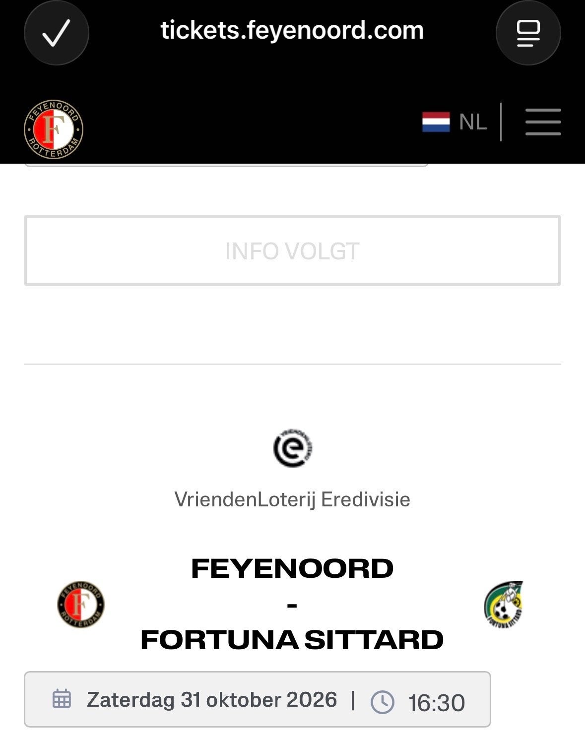 Feyenoord - Fortuna 2 tickets vak NN, Seizoenskaart, Twee personen, Oktober