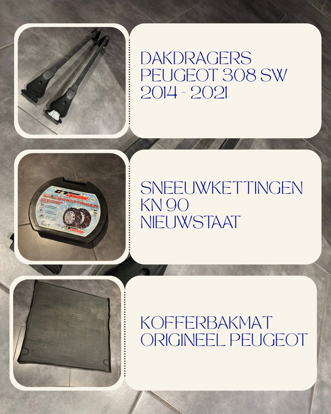 Peugeot 308 SW dakdragers, kofferbakmat en sneeuwkettingen, Ophalen of Verzenden, Zo goed als nieuw