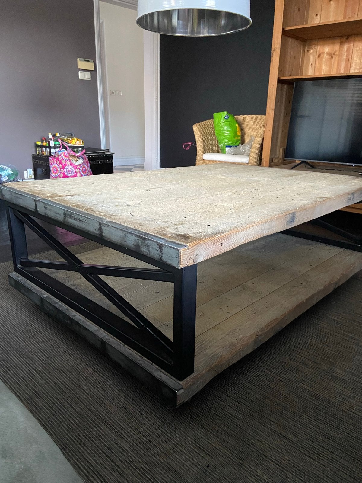 Stoere salontafel van steenschotten met opbergruimte 140x96, Ophalen, Gebruikt, 100 tot 150 cm, Vierkant