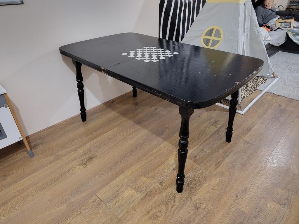 Uitschuifbare eettafel met schaakbord en backgammonbord, Huis en Inrichting, Tafels | Eettafels, Gebruikt, 50 tot 100 cm, 100 tot 150 cm