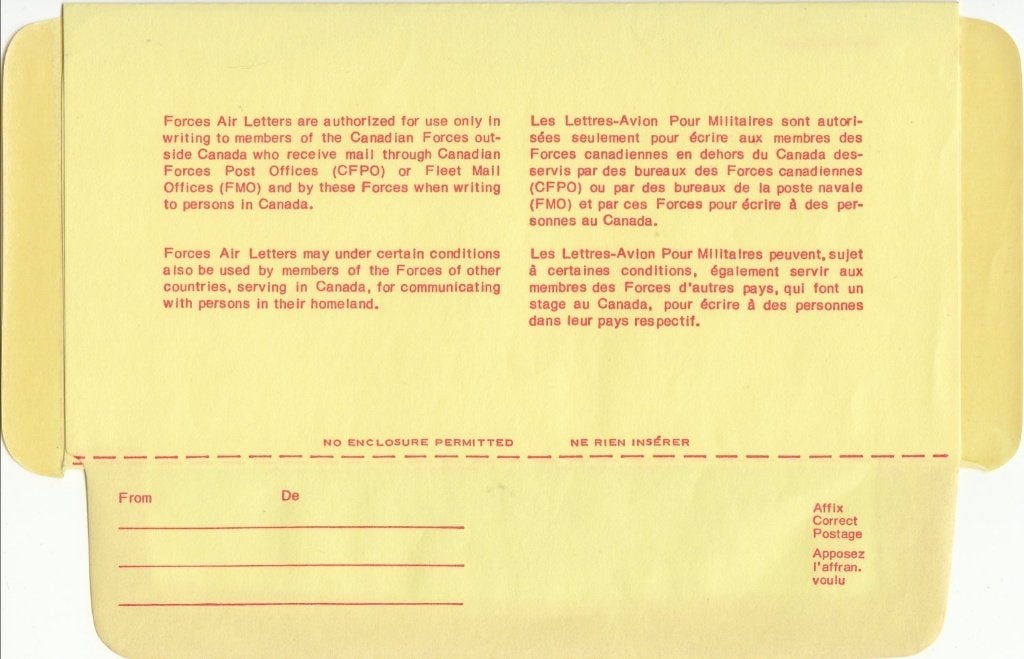 Canada Forces Air Letter via CFPO en FMO ongebruikt, Ophalen of Verzenden, Overige typen