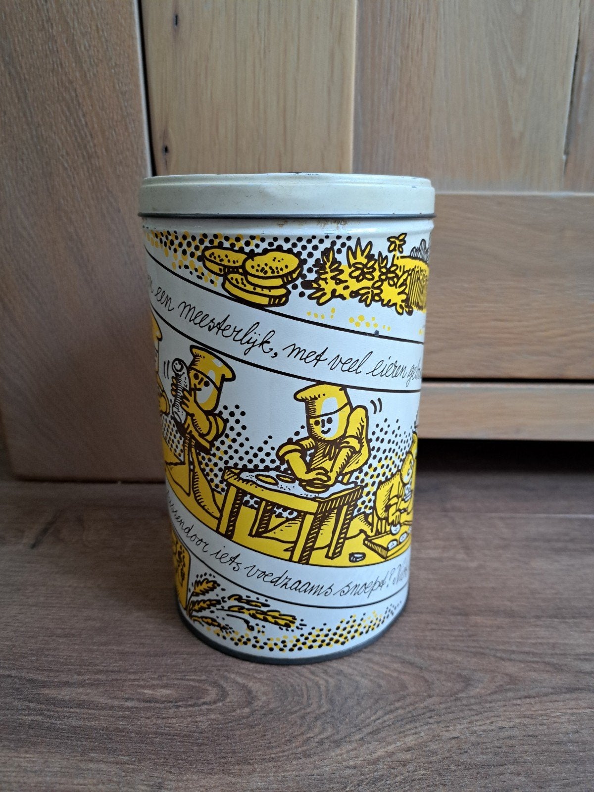 Bewaarblik beschuitbus De Echte Bakker hoogte 21 cm dia 13 c, Ophalen of Verzenden, Gebruikt, Overige