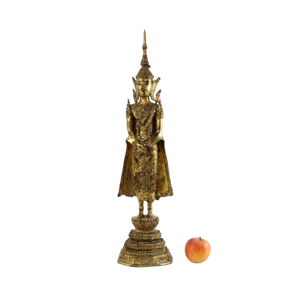 Grote Antieke Staande Bronzen Boeddha 24 Karaat Goud 63cm, Gebruikt, 63 cm, Ophalen of Verzenden, Goud