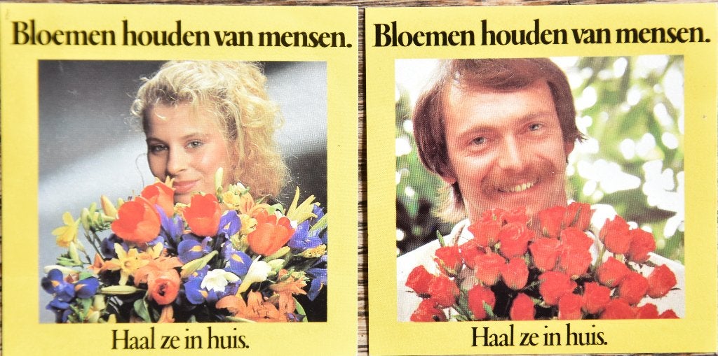 sticker 2x Bloemen houden van mensen reclame uit '80 NIEUW, Ophalen of Verzenden, Nieuw, Bedrijf of Vereniging