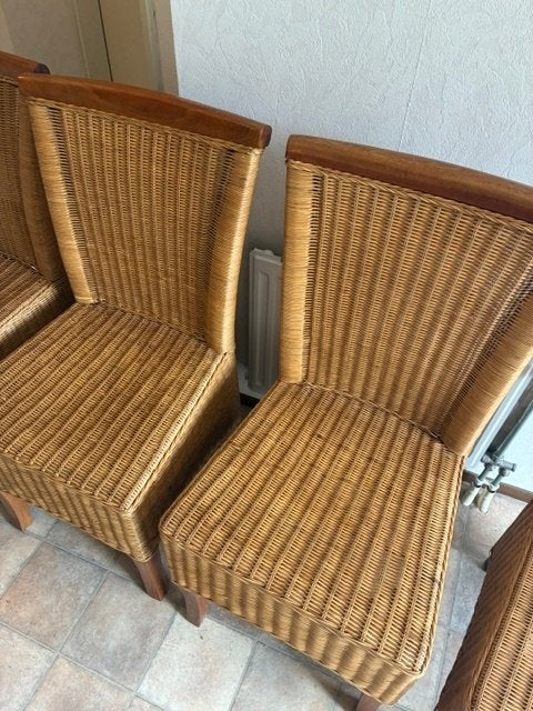 4 Rotan Eetkamerstoelen, Ophalen, Gebruikt, Bruin, Riet of Rotan