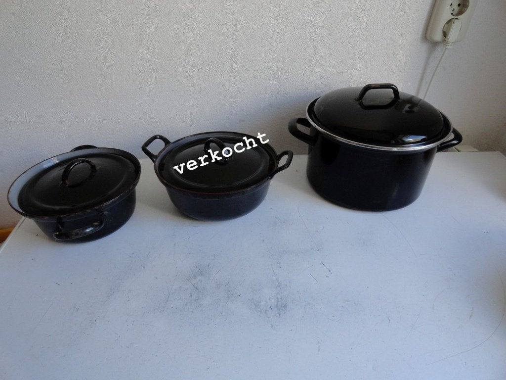 Pannen, antiek emaille en gietijzer, zwart, Ophalen of Verzenden