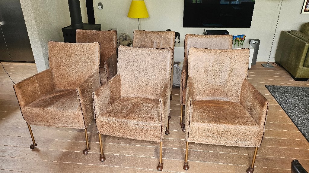 leren Brava/Bonanza eetkamerstoelen (6x) bruin op wieltjes, Ophalen, Gebruikt, Bruin, Leer