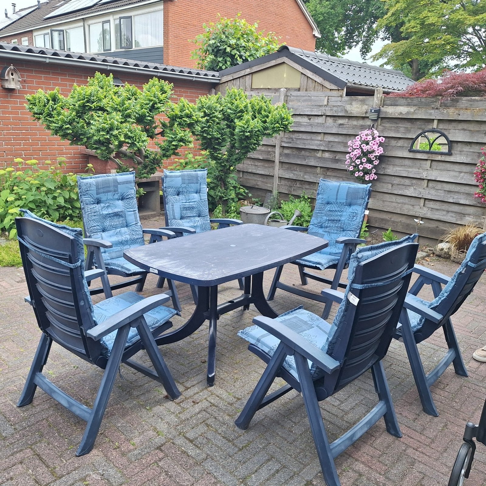 Hartman tuinset met verstelbare stoelen en kussens, Tuin en Terras, Tuinsets en Loungesets, Ophalen, Kunststof, Gebruikt, Eettafel