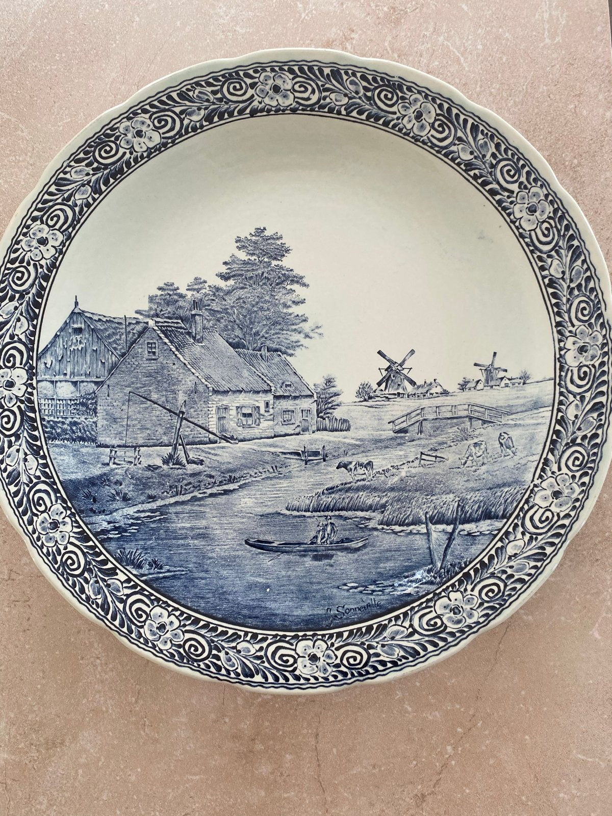 Grote Antieke Boch Delfts Blauw Wandbord Hollands Landschap, Ophalen of Verzenden