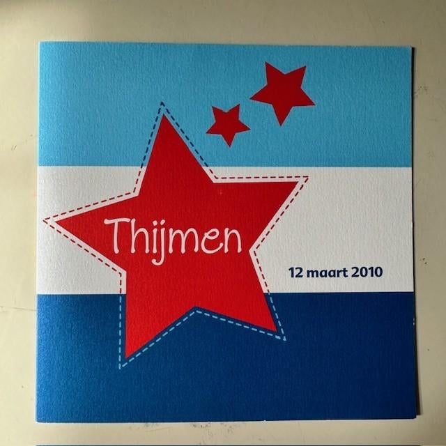 Geboortekaartje Thijmen 12-3-2010 HIPDESIGN vrolijk, Verzamelen, Geboortekaartjes en Visitekaartjes, Ophalen of Verzenden, 2000 tot heden