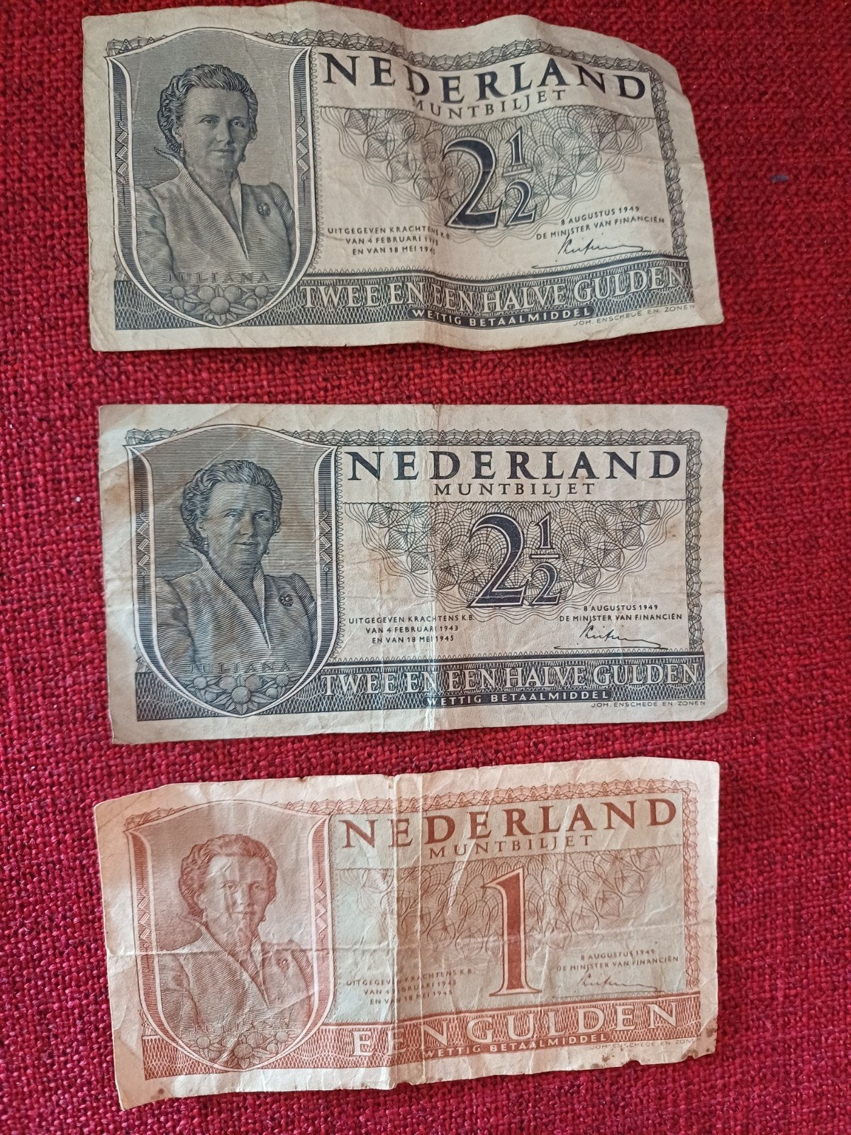 Set van 3x Muntbiljet 1949 - 1 Gulden & 2,5 Gulden - Juliana, Ophalen, Nederland, Munten