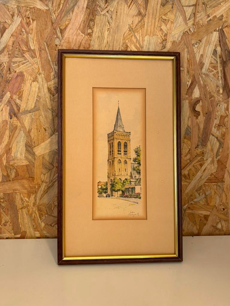 Ingelijste tekening Oude Kerk Ede – gesigneerd, Ophalen of Verzenden